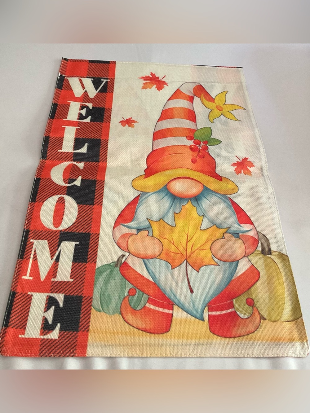Autumn Gnome Welcome Garden Flag - Orange Red Accents